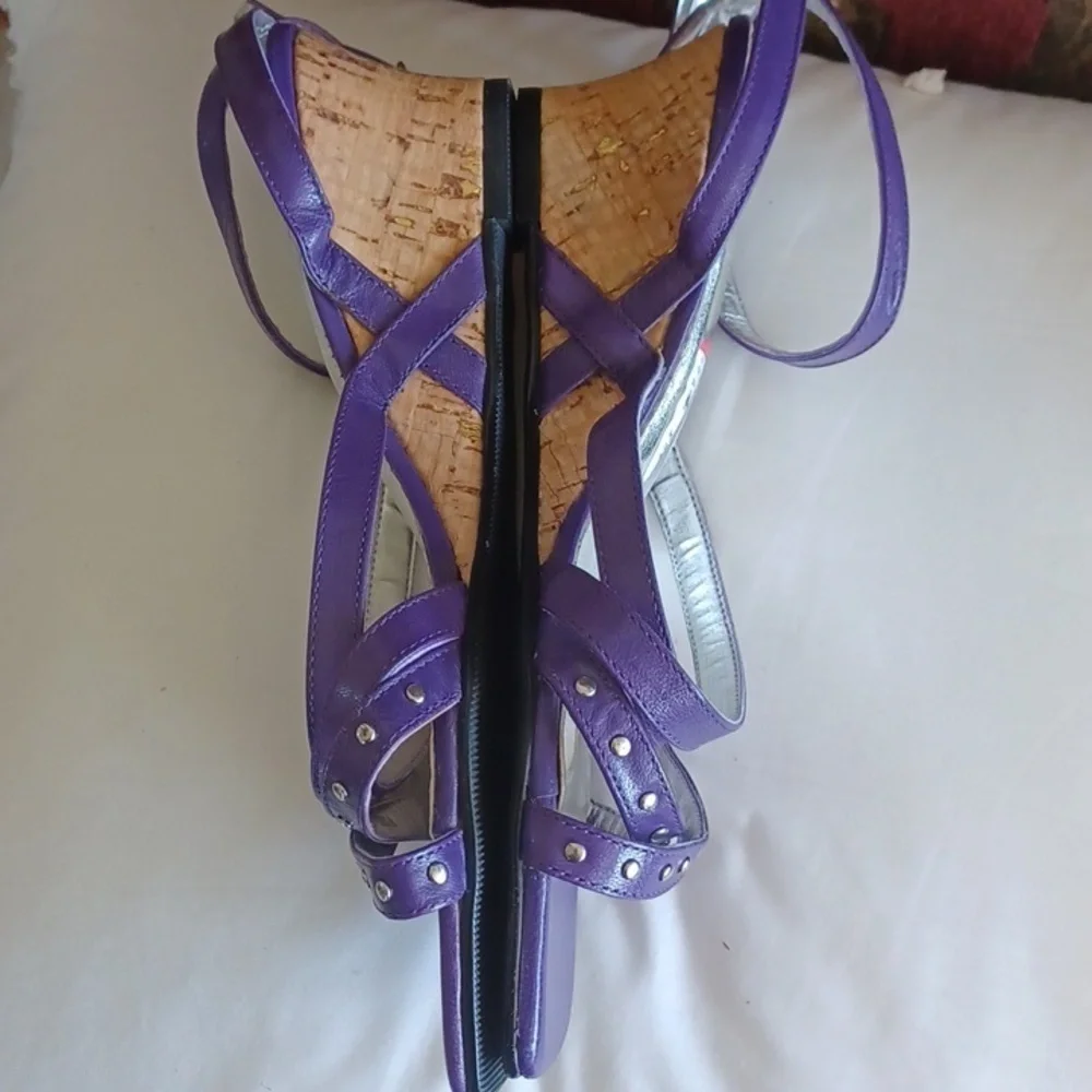 Ros Hommerson scrappy purple slingback, ankle strap sandals wedges, 7WW